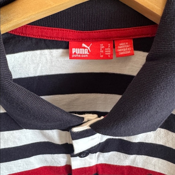 Puma Men's Small Preppy Polo Stripe Shirt Red White & Blue Casual Short Sleeve - Picture 3 of 5